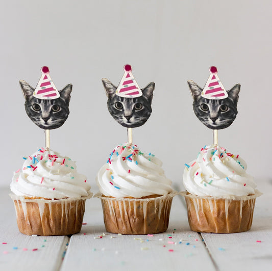 Custom Cupcake Toppers - Personalized Photo - Pet - Birthday Hat - Face - Cake